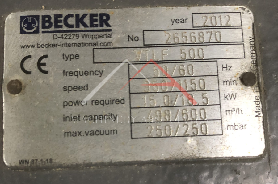 BECKER VTLF 500 25 HP VACUUM PUMP