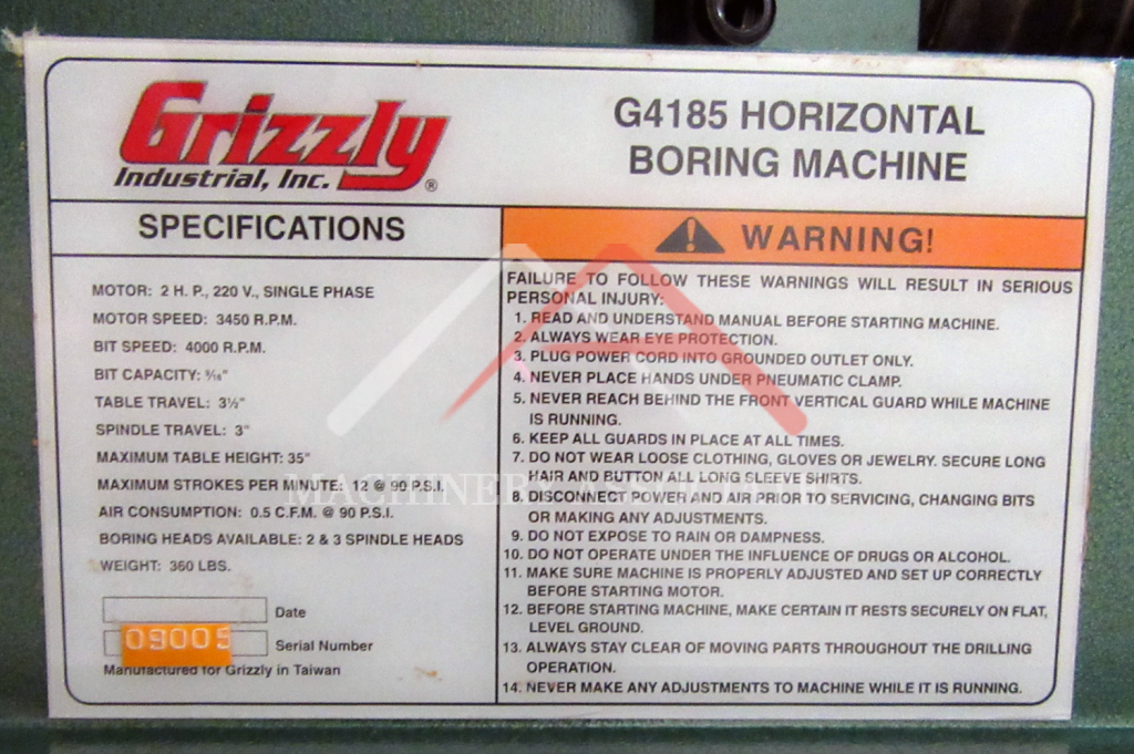 Used Grizzly Model G4185 Horizontal Boring Machine